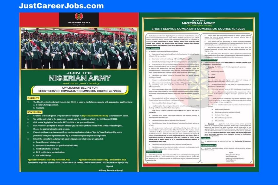Nigerian Army Short Service Combatant Commission (SSCC) Course 49/2026 Recruitment